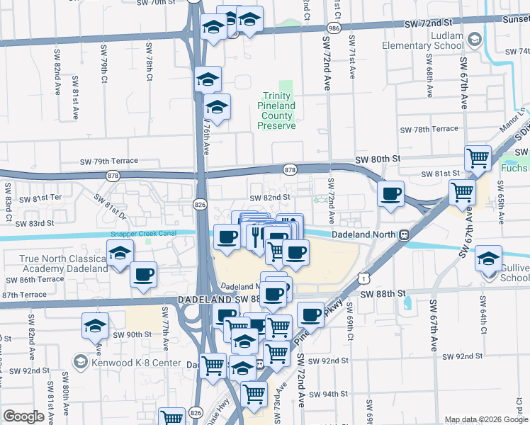 map of restaurants, bars, coffee shops, grocery stores, and more near 7360 Southwest 82nd Street in Miami
