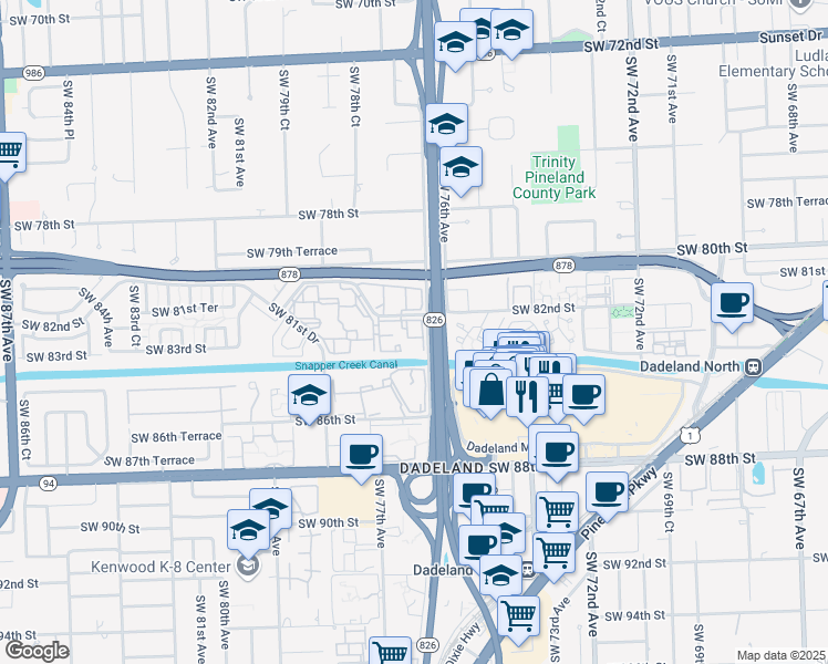 map of restaurants, bars, coffee shops, grocery stores, and more near 7700 Camino Real in Miami