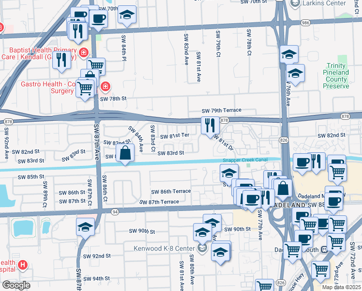 map of restaurants, bars, coffee shops, grocery stores, and more near 8204 Southwest 81st Place in Miami