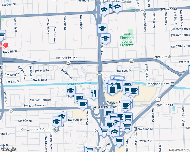 map of restaurants, bars, coffee shops, grocery stores, and more near 7700 Camino Real in Miami
