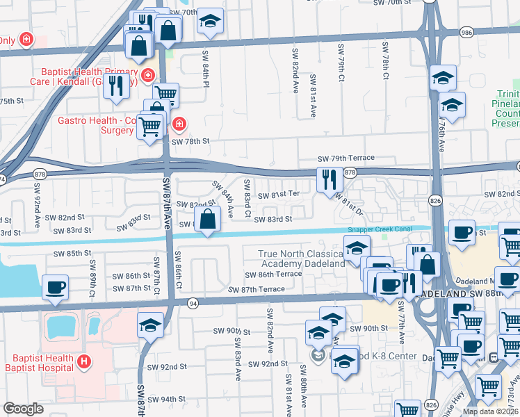 map of restaurants, bars, coffee shops, grocery stores, and more near 8234 Southwest 81st Terrace in Miami