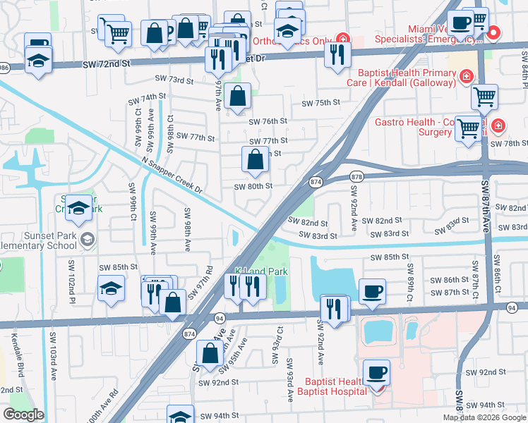 map of restaurants, bars, coffee shops, grocery stores, and more near 9460 Southwest 81st Street in Miami