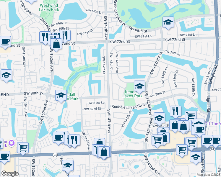 map of restaurants, bars, coffee shops, grocery stores, and more near 7914 Southwest 146th Court in Miami