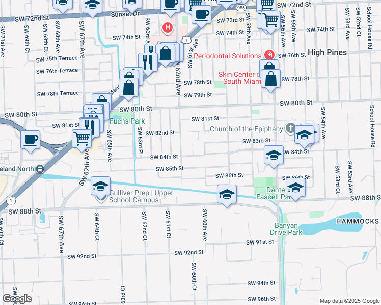map of restaurants, bars, coffee shops, grocery stores, and more near 8360 Southwest 61st Avenue in South Miami