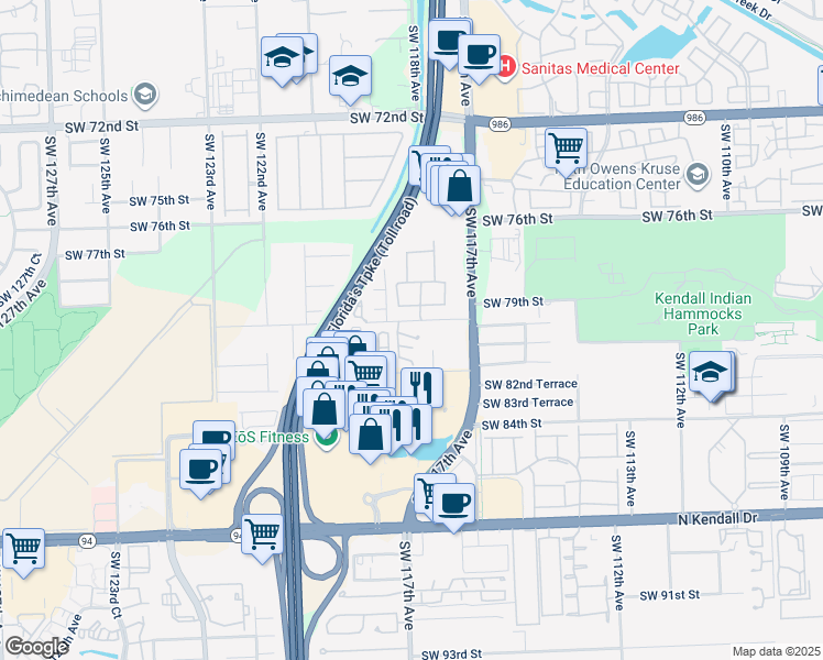 map of restaurants, bars, coffee shops, grocery stores, and more near 8033 Southwest 118th Court in Miami