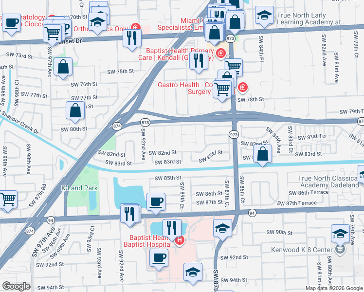 map of restaurants, bars, coffee shops, grocery stores, and more near 8160 Southwest 89th Place in Miami