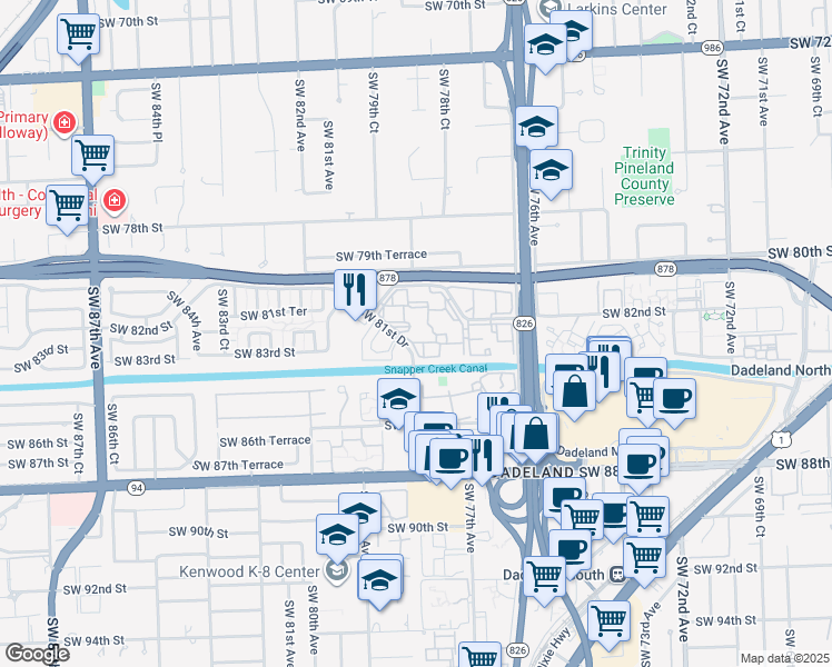 map of restaurants, bars, coffee shops, grocery stores, and more near in Glenvar Heights