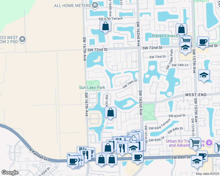map of restaurants, bars, coffee shops, grocery stores, and more near 7760 Southwest 163rd Place in Miami