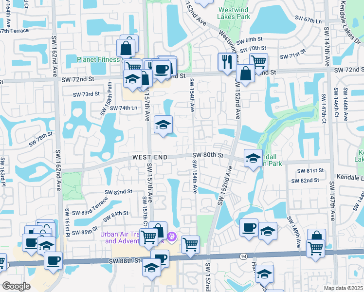 map of restaurants, bars, coffee shops, grocery stores, and more near 15455 Southwest 80th Street in Miami
