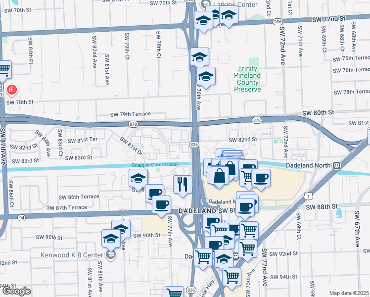 map of restaurants, bars, coffee shops, grocery stores, and more near 7700 Camino Real in Miami