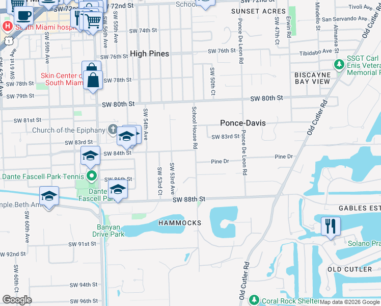 map of restaurants, bars, coffee shops, grocery stores, and more near 8400 School House Road in Miami