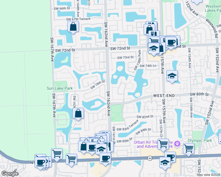 map of restaurants, bars, coffee shops, grocery stores, and more near 7830 Southwest 161st Place in Miami