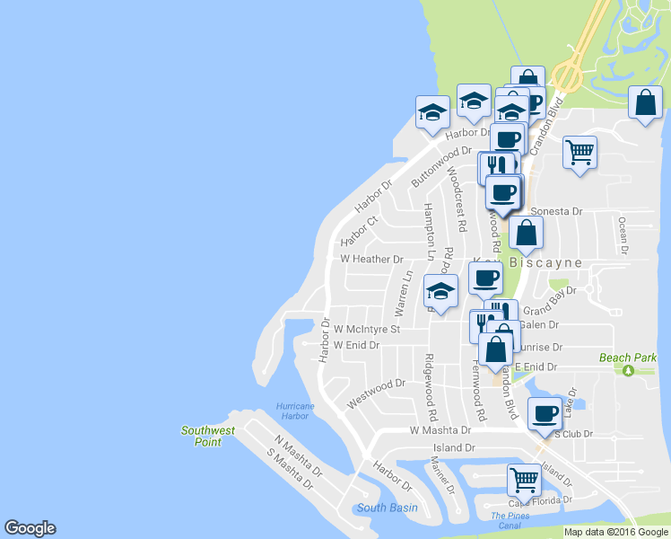 map of restaurants, bars, coffee shops, grocery stores, and more near 425 Harbor Drive in Key Biscayne