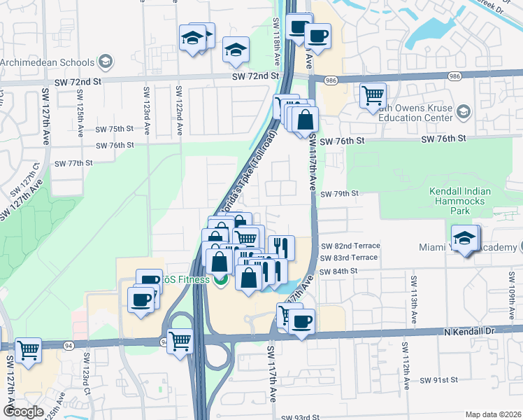 map of restaurants, bars, coffee shops, grocery stores, and more near 8033 Southwest 118th Court in Miami