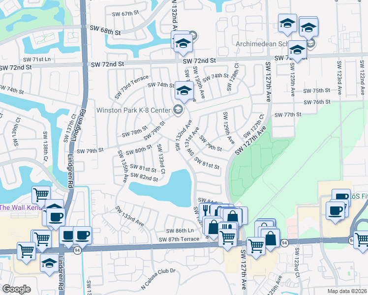 map of restaurants, bars, coffee shops, grocery stores, and more near 7910 Southwest 131st Avenue in Miami