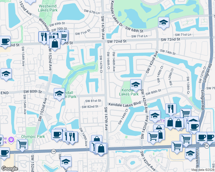 map of restaurants, bars, coffee shops, grocery stores, and more near 7914 Southwest 146th Court in Miami
