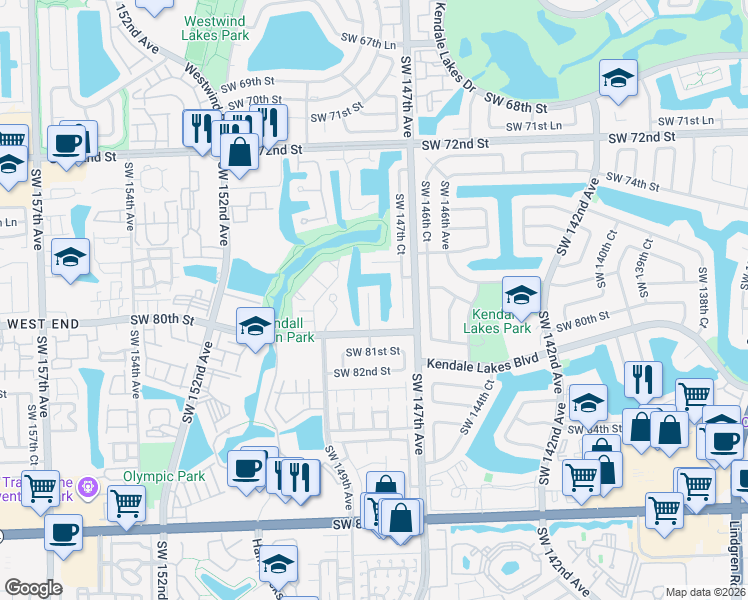 map of restaurants, bars, coffee shops, grocery stores, and more near 7810 Southwest 147th Court in Miami
