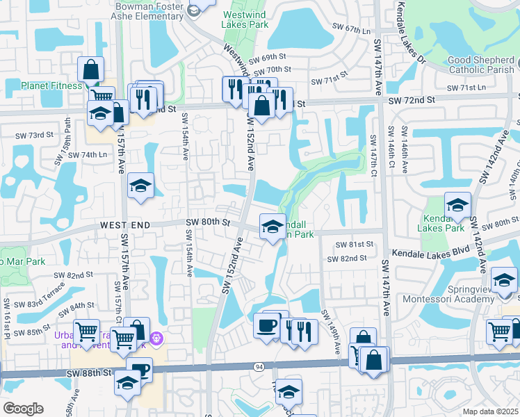 map of restaurants, bars, coffee shops, grocery stores, and more near 7815 Southwest 152nd Avenue in Miami