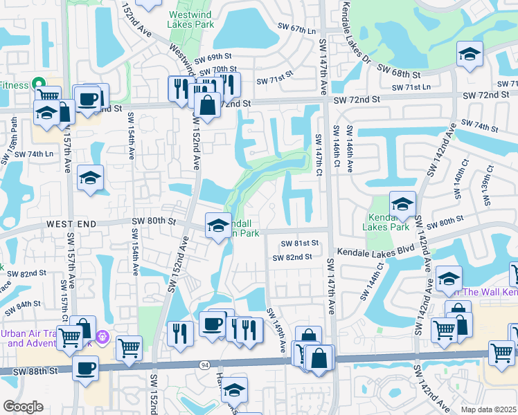 map of restaurants, bars, coffee shops, grocery stores, and more near 14911 Southwest 80th Street in Miami