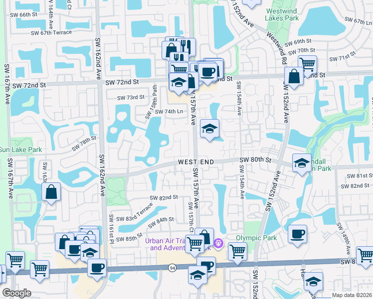 map of restaurants, bars, coffee shops, grocery stores, and more near 15625 Southwest 80th Street in Miami