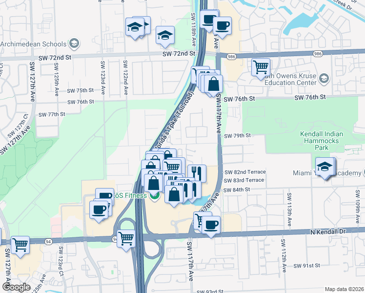 map of restaurants, bars, coffee shops, grocery stores, and more near 8033 Southwest 118th Court in Miami