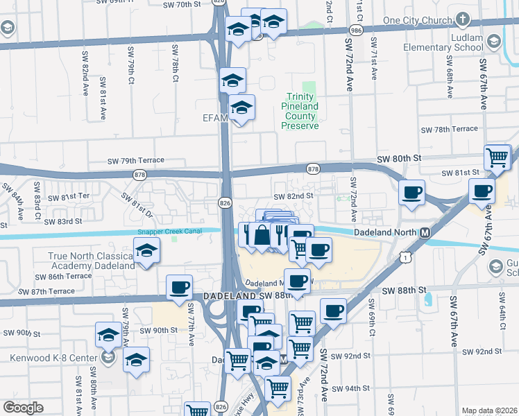 map of restaurants, bars, coffee shops, grocery stores, and more near 7520 Southwest 82nd Street in Miami