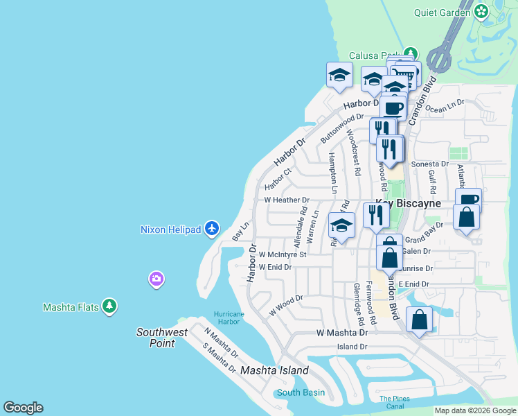 map of restaurants, bars, coffee shops, grocery stores, and more near 425 Harbor Drive in Key Biscayne