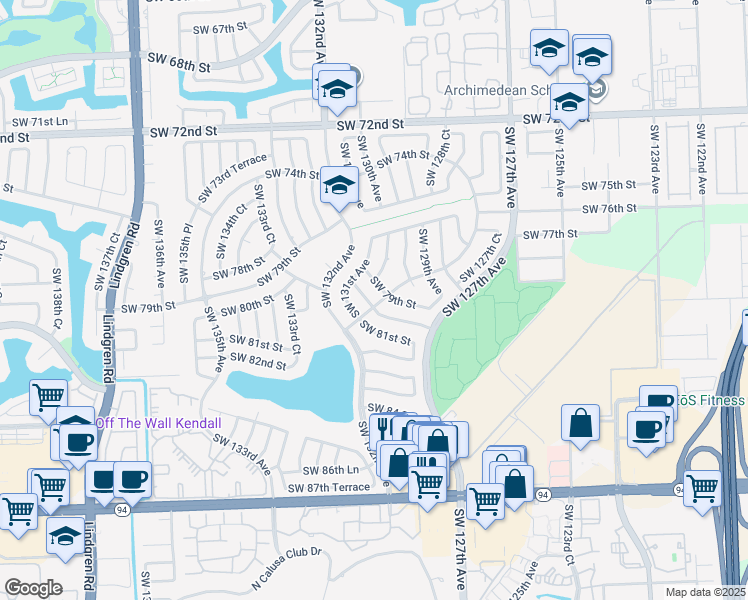 map of restaurants, bars, coffee shops, grocery stores, and more near 13031 Southwest 80th Street in Miami