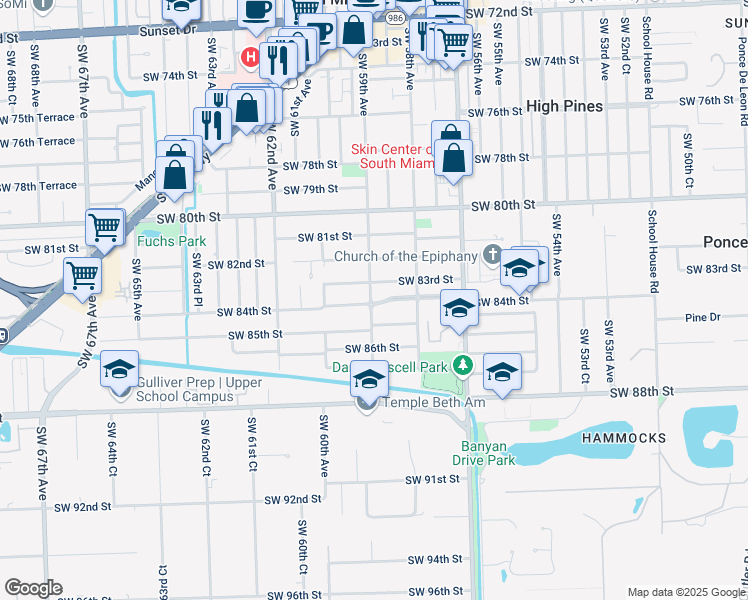 map of restaurants, bars, coffee shops, grocery stores, and more near 589 Southwest 59th Avenue in South Miami