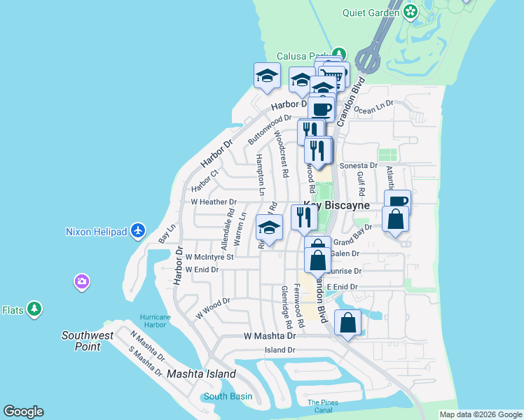 map of restaurants, bars, coffee shops, grocery stores, and more near 415 Hampton Lane in Key Biscayne