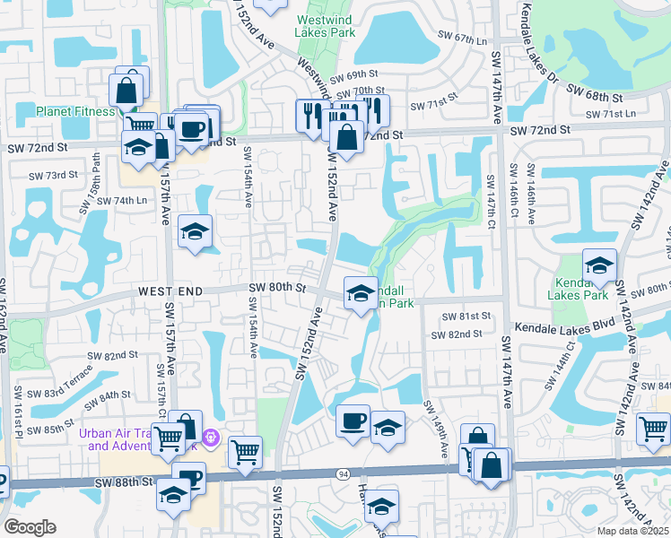 map of restaurants, bars, coffee shops, grocery stores, and more near 7841 Southwest 152nd Avenue in Miami