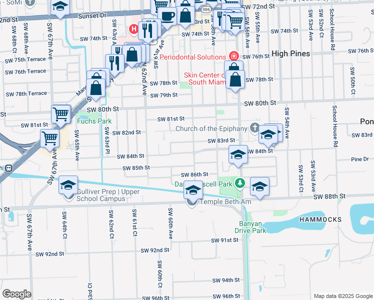 map of restaurants, bars, coffee shops, grocery stores, and more near 589 Southwest 59th Avenue in South Miami