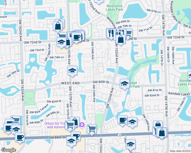 map of restaurants, bars, coffee shops, grocery stores, and more near 15385 Southwest 79th Terrace in Miami