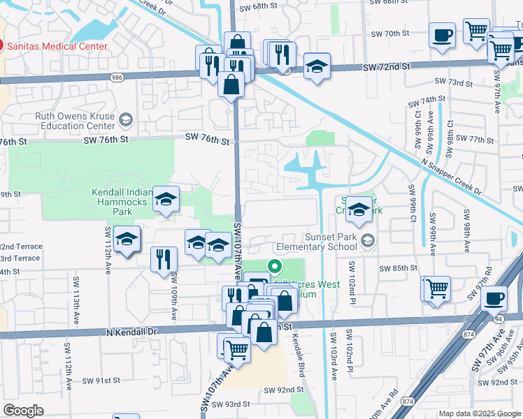 map of restaurants, bars, coffee shops, grocery stores, and more near 8015 Southwest 107th Avenue in Miami