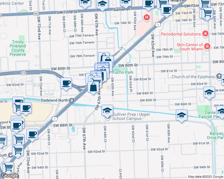 map of restaurants, bars, coffee shops, grocery stores, and more near 8360 Southwest 65th Avenue in Miami