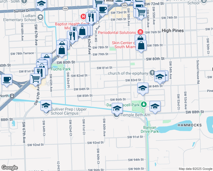 map of restaurants, bars, coffee shops, grocery stores, and more near 8391 Southwest 60th Avenue in South Miami