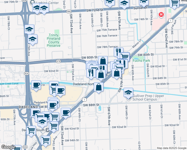 map of restaurants, bars, coffee shops, grocery stores, and more near 8350 South Dixie Highway in Miami