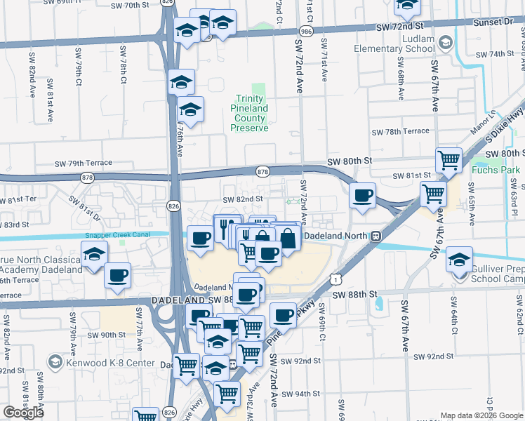 map of restaurants, bars, coffee shops, grocery stores, and more near 7324 Southwest 82nd Street in Miami