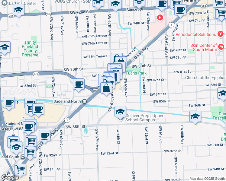 map of restaurants, bars, coffee shops, grocery stores, and more near 8385 Ludlam Road in Miami