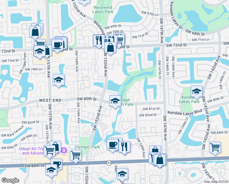 map of restaurants, bars, coffee shops, grocery stores, and more near 7815 Southwest 152nd Avenue in Miami