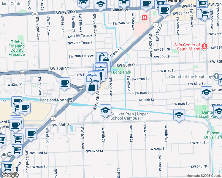 map of restaurants, bars, coffee shops, grocery stores, and more near 8360 Southwest 65th Avenue in Miami