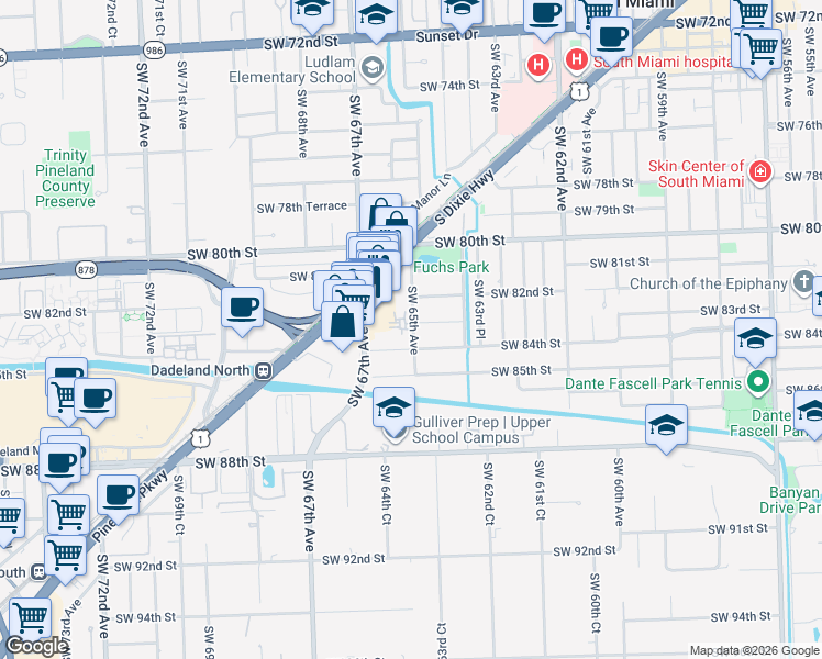 map of restaurants, bars, coffee shops, grocery stores, and more near 8360 Southwest 65th Avenue in Miami