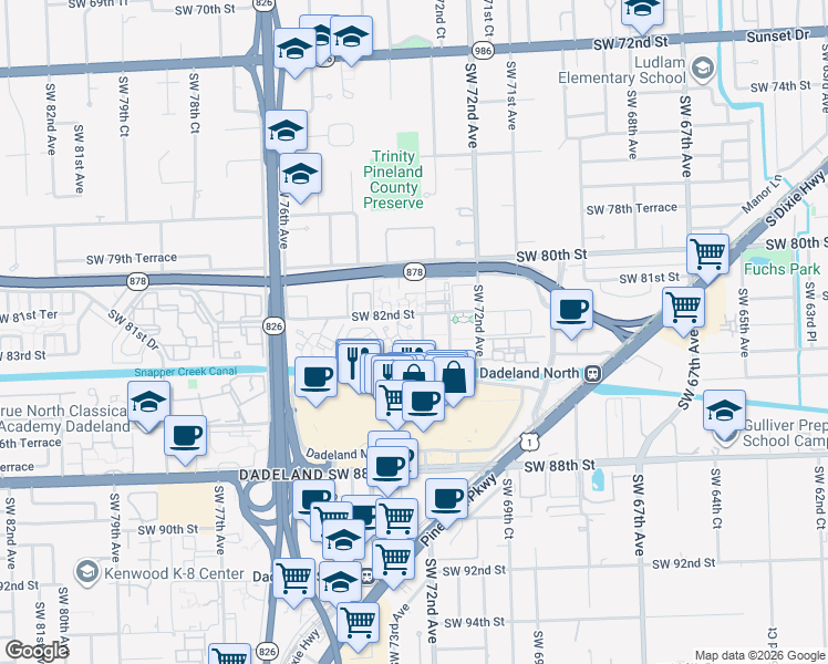 map of restaurants, bars, coffee shops, grocery stores, and more near 7324 Southwest 82nd Street in Miami