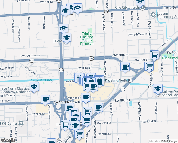 map of restaurants, bars, coffee shops, grocery stores, and more near 7324 Southwest 82nd Street in Miami