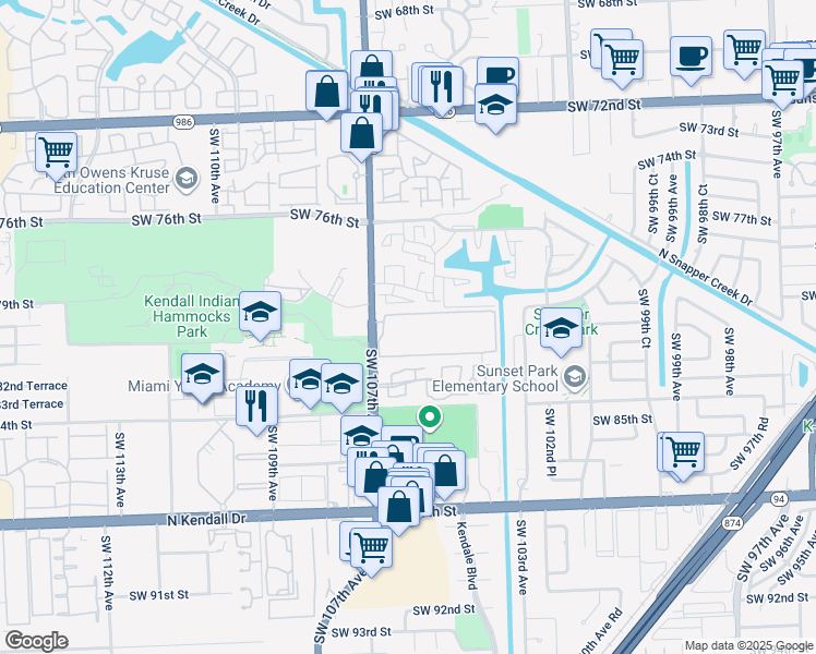 map of restaurants, bars, coffee shops, grocery stores, and more near 8015 Southwest 107th Avenue in Miami