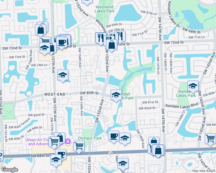 map of restaurants, bars, coffee shops, grocery stores, and more near 7841 Southwest 152nd Avenue in Miami