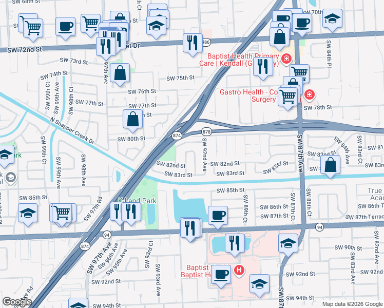 map of restaurants, bars, coffee shops, grocery stores, and more near 8100 Southwest 92nd Court in Miami