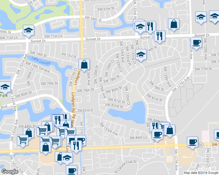 map of restaurants, bars, coffee shops, grocery stores, and more near 13430 Southwest 79th Street in Miami