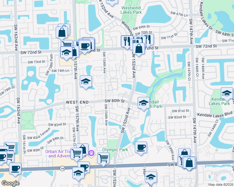 map of restaurants, bars, coffee shops, grocery stores, and more near 15305 Southwest 79th Terrace in Miami