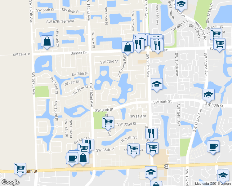 map of restaurants, bars, coffee shops, grocery stores, and more near 15861 Southwest 78th Street in Miami